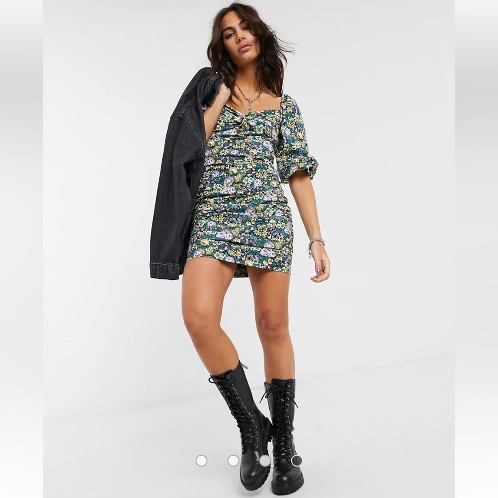 Bershka ruched mini dress with puff sleeves in floral print